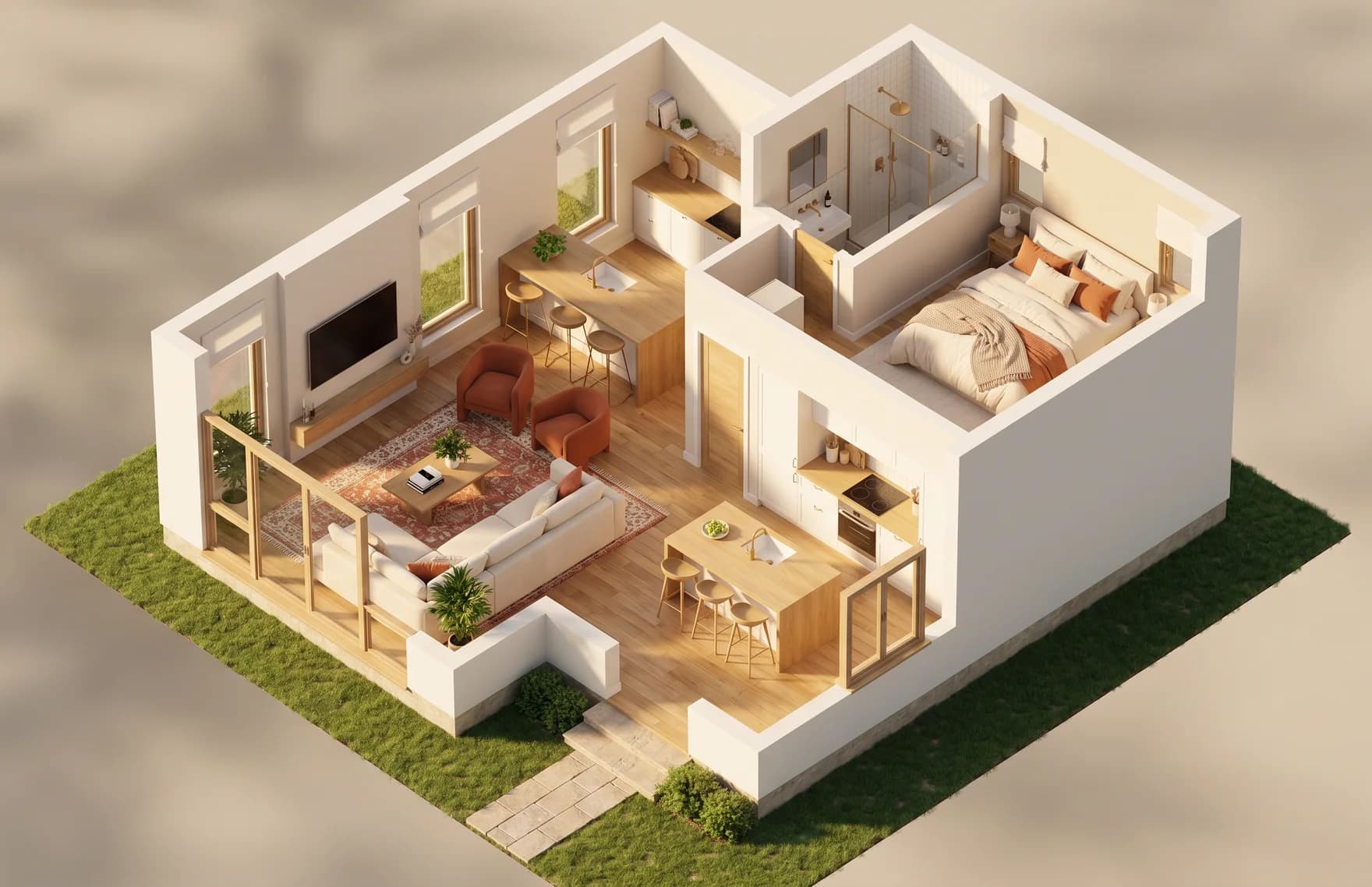 Cutaway view of a home showing the services we set up — electricity, internet, TV, insurance, and security