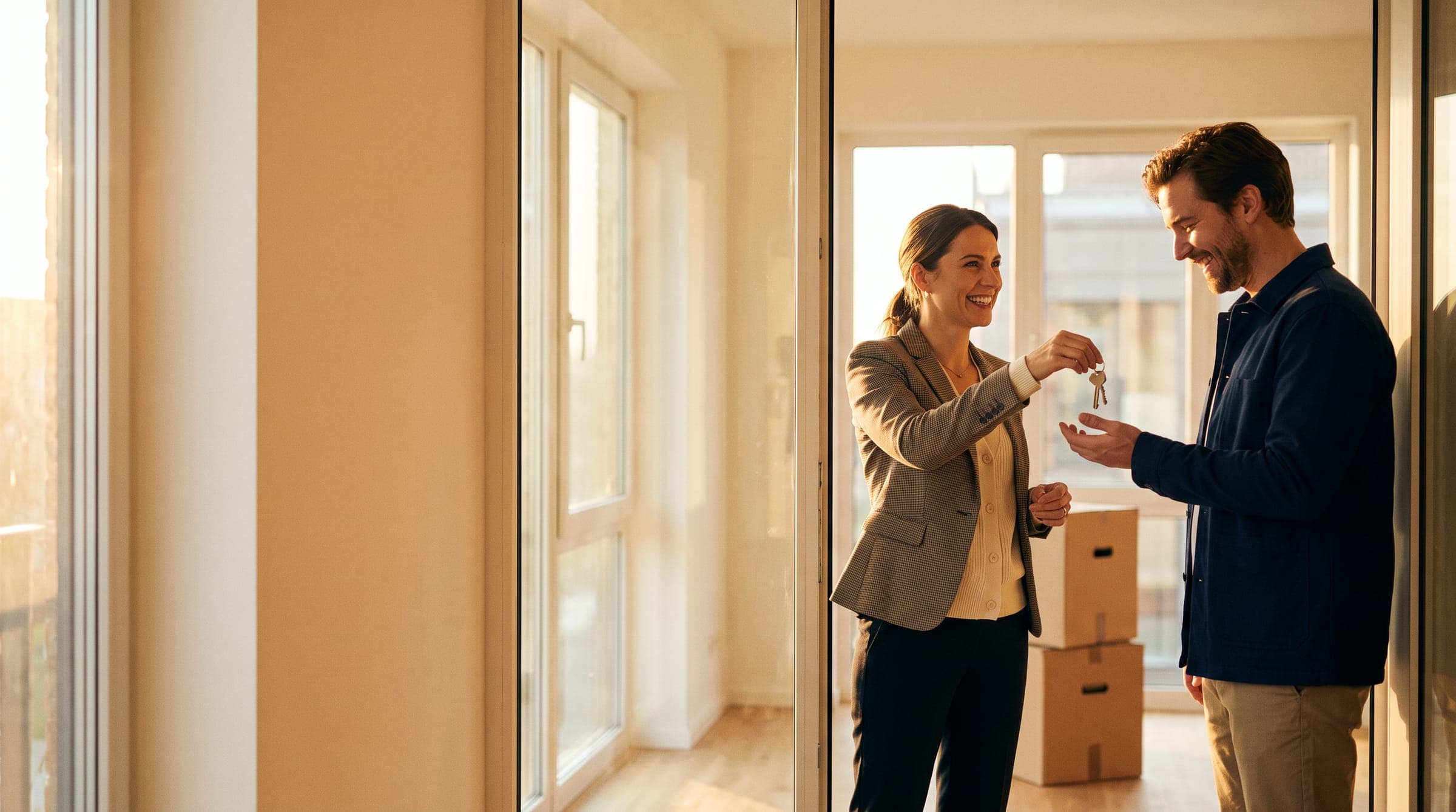 A leasing professional handing keys to a happy new resident